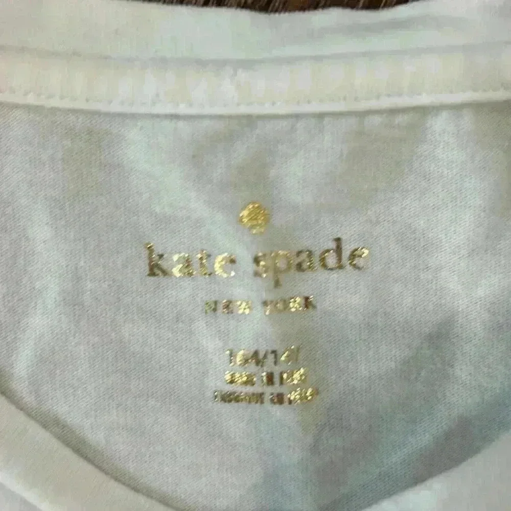Kate Spade Tickled Pink Tee Girls size 14Y. White with pink glitter letters